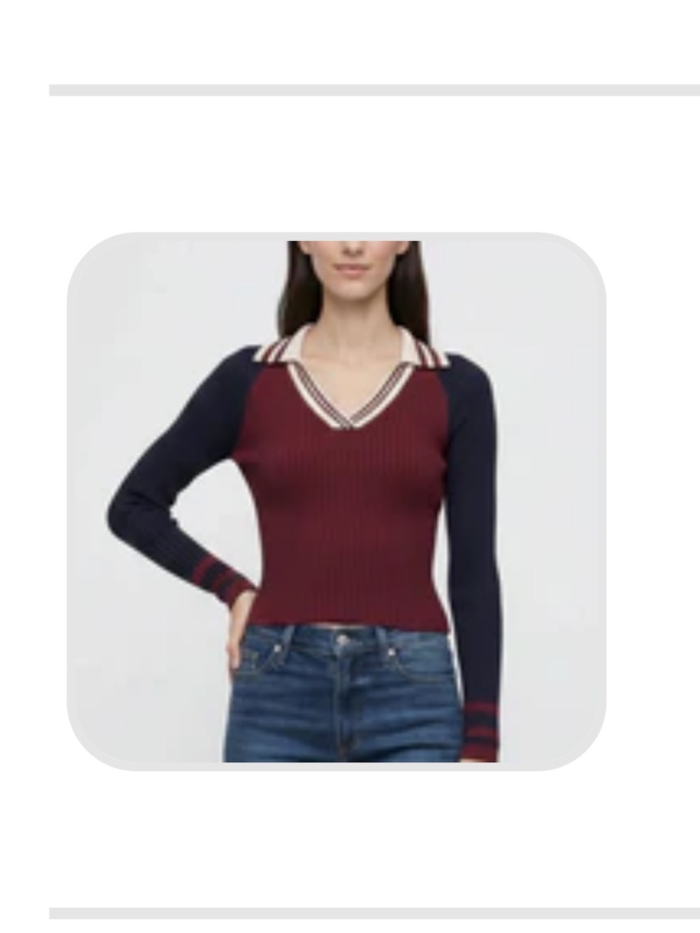 Fitted Ribbed V-Neck Colorblock Sweater in Burgundy and Navy